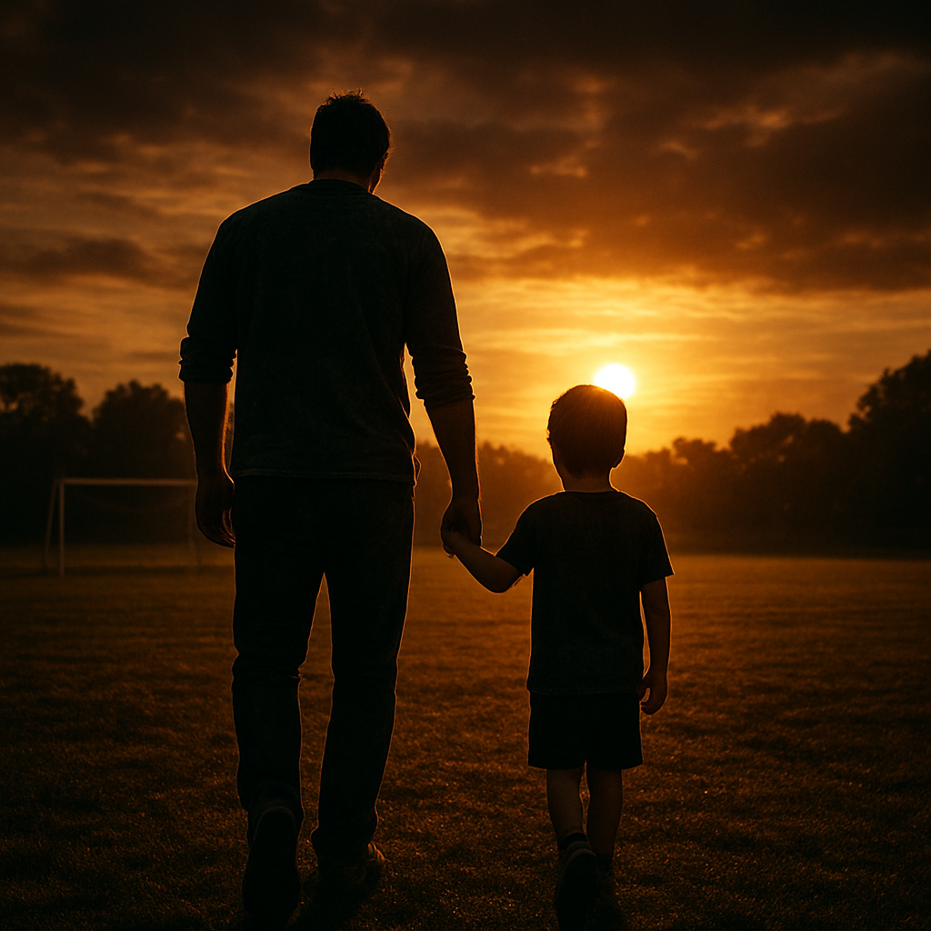 Padre e hijo caminando juntos en una cancha de fútbol al atardecer